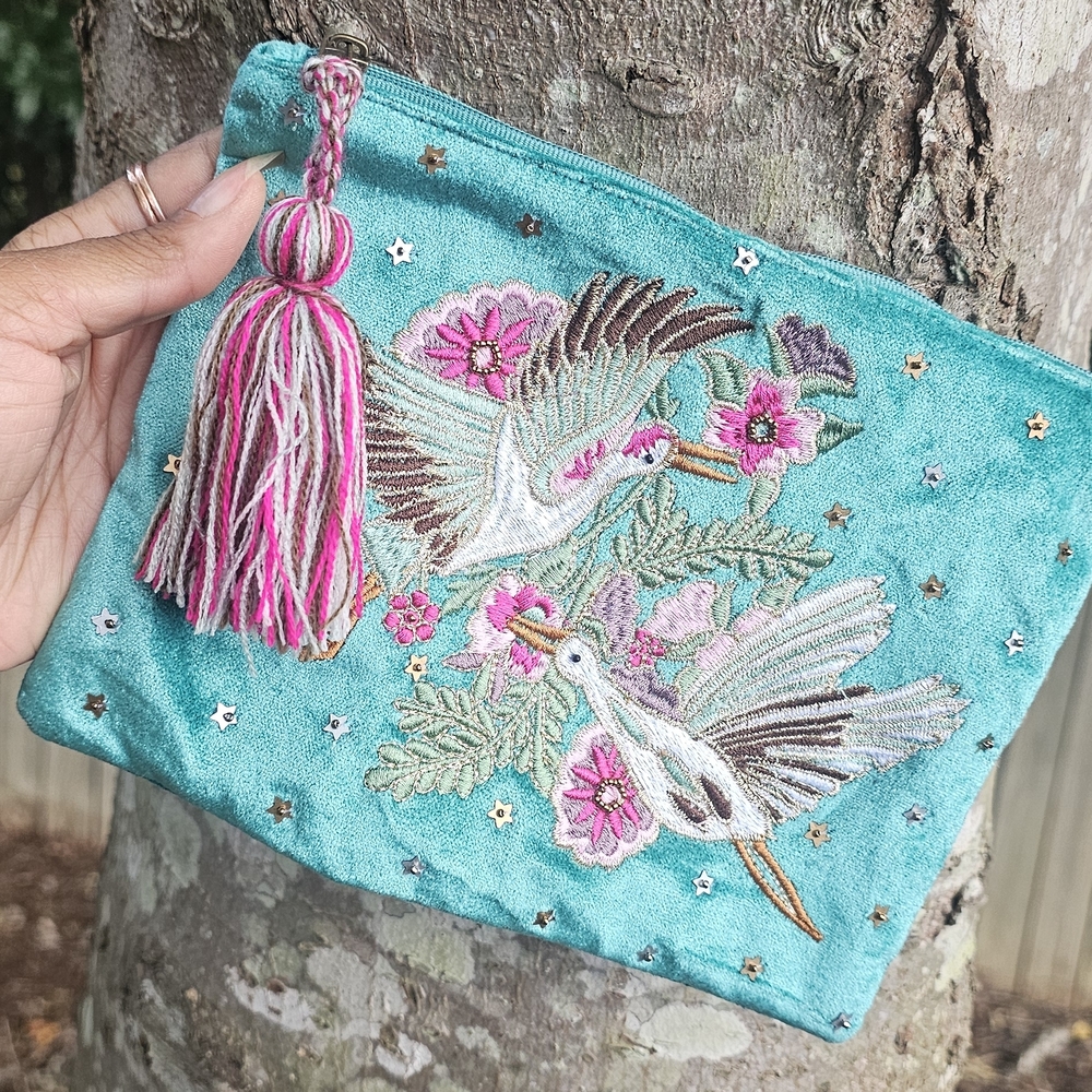 Embroidered Teal Clutch with Tassel